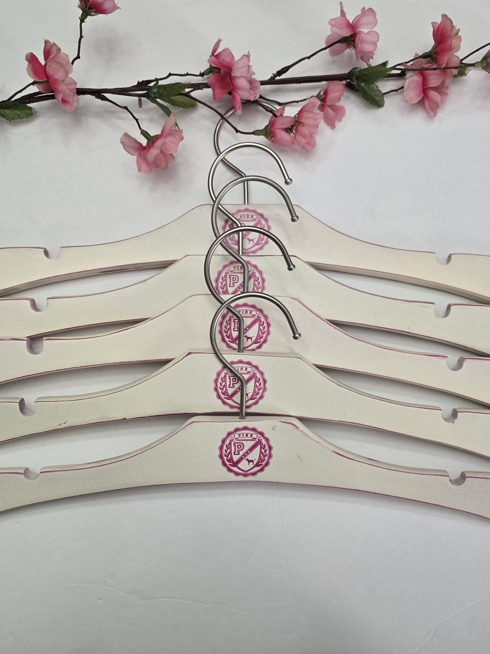 PINK Victoria's Secret White and Pink Wooden Logo Hangers (Set of 5)